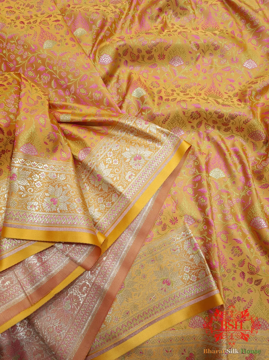 Carrot Orange Dohri Resham Zari Booti Tanchoi Silk Saree - Bharat Silk House Tanchoi katan
