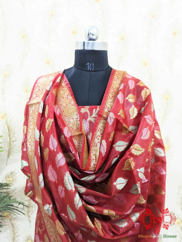 Cherry Red Banarasi Cotton Suit Set - Bharat Silk House Banarasi Cotton