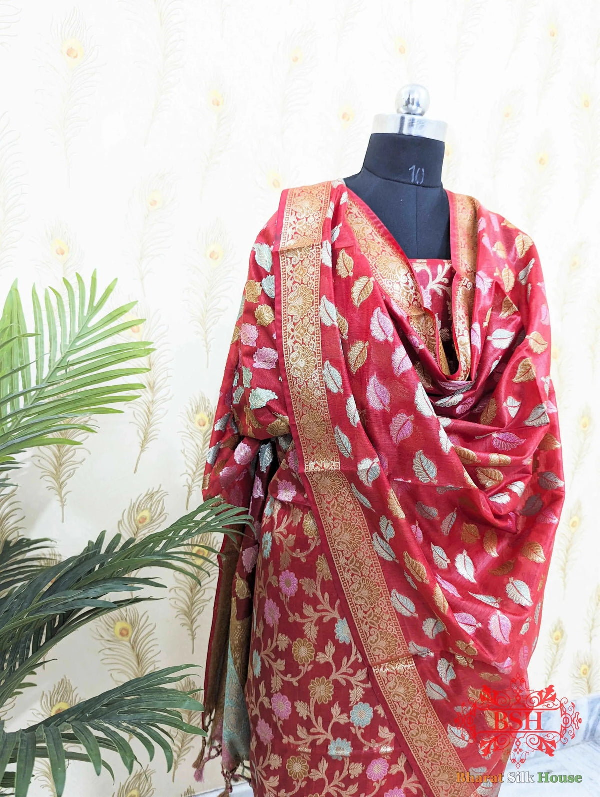 Cherry Red Banarasi Cotton Suit Set - Bharat Silk House Banarasi Cotton