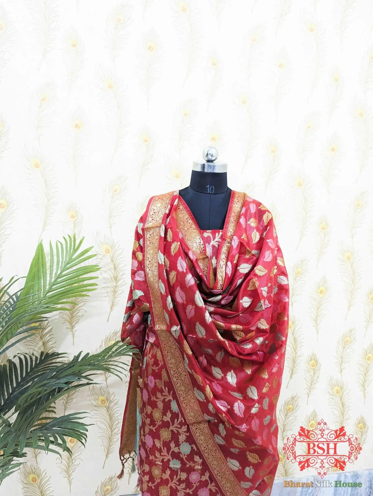 Cherry Red Banarasi Cotton Suit Set - Bharat Silk House Banarasi Cotton