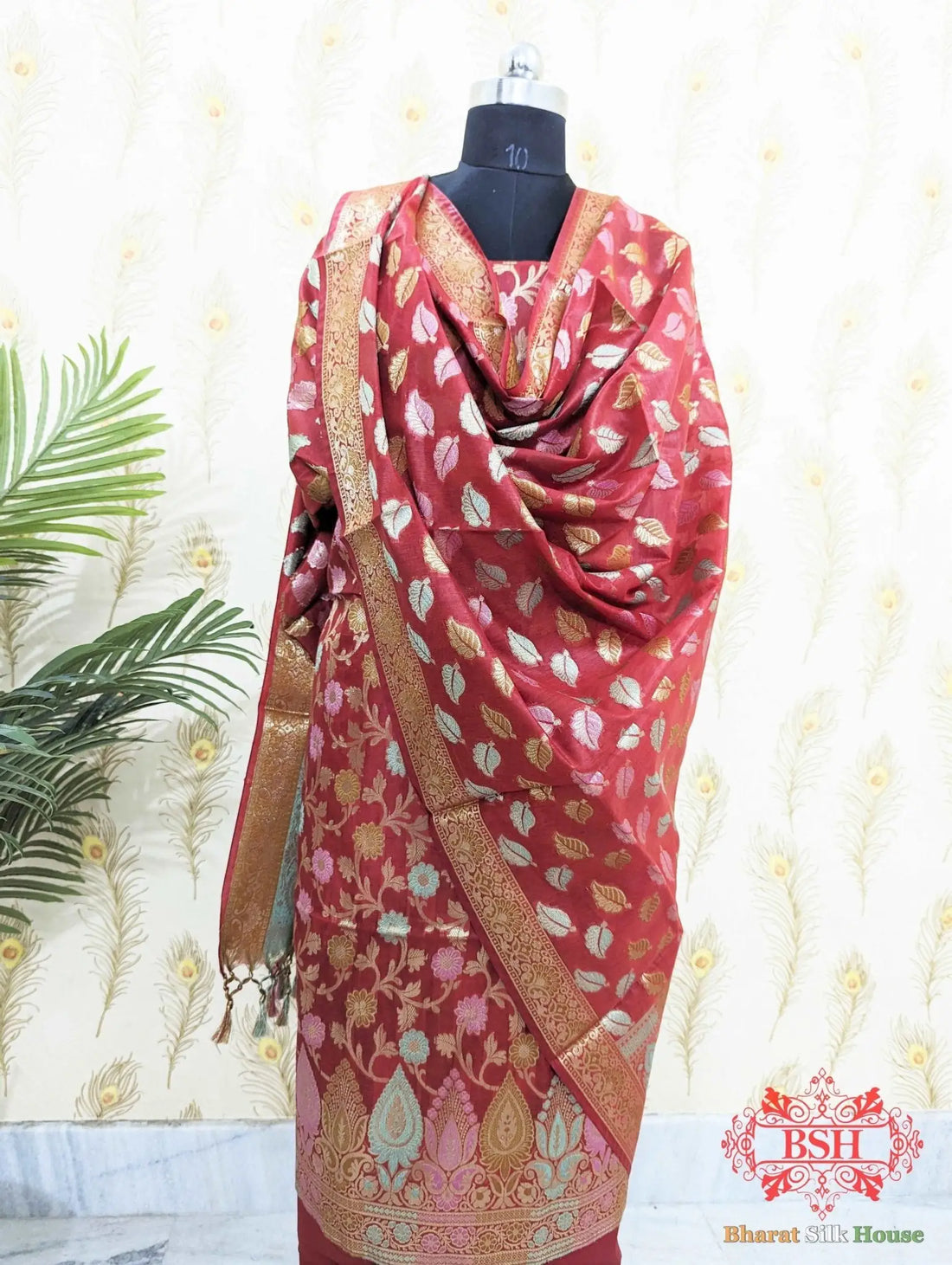 Cherry Red Banarasi Cotton Suit Set - Bharat Silk House Banarasi Cotton