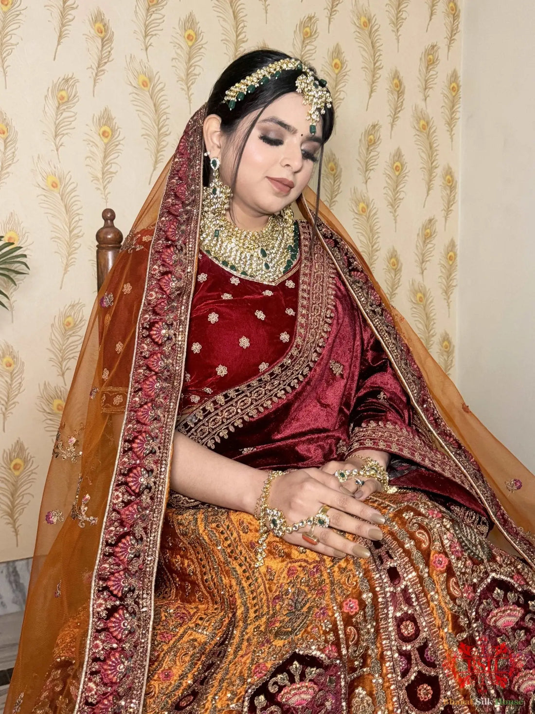 Cherry Red & Fire Yellow Rhinestone Work Bridal Lehenga - Bharat Silk House Bridal Lehenga