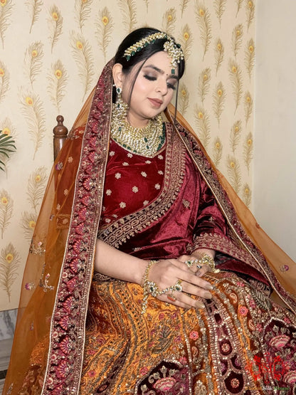 Cherry Red & Fire Yellow Rhinestone Work Bridal Lehenga - Bharat Silk House Bridal Lehenga