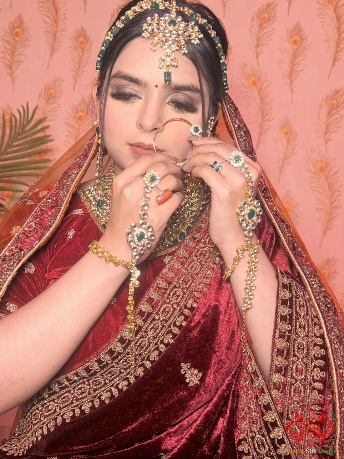 Cherry Red & Fire Yellow Rhinestone Work Bridal Lehenga - Bharat Silk House Bridal Lehenga
