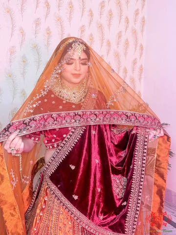 Cherry Red & Fire Yellow Rhinestone Work Bridal Lehenga - Bharat Silk House Bridal Lehenga