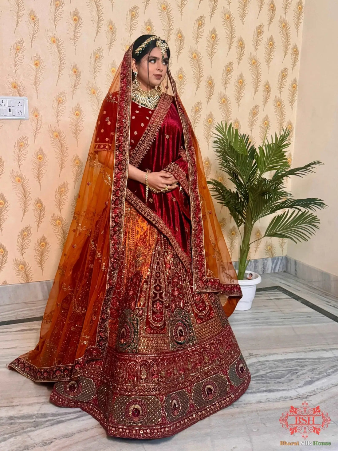 Cherry Red & Fire Yellow Rhinestone Work Bridal Lehenga - Bharat Silk House Bridal Lehenga