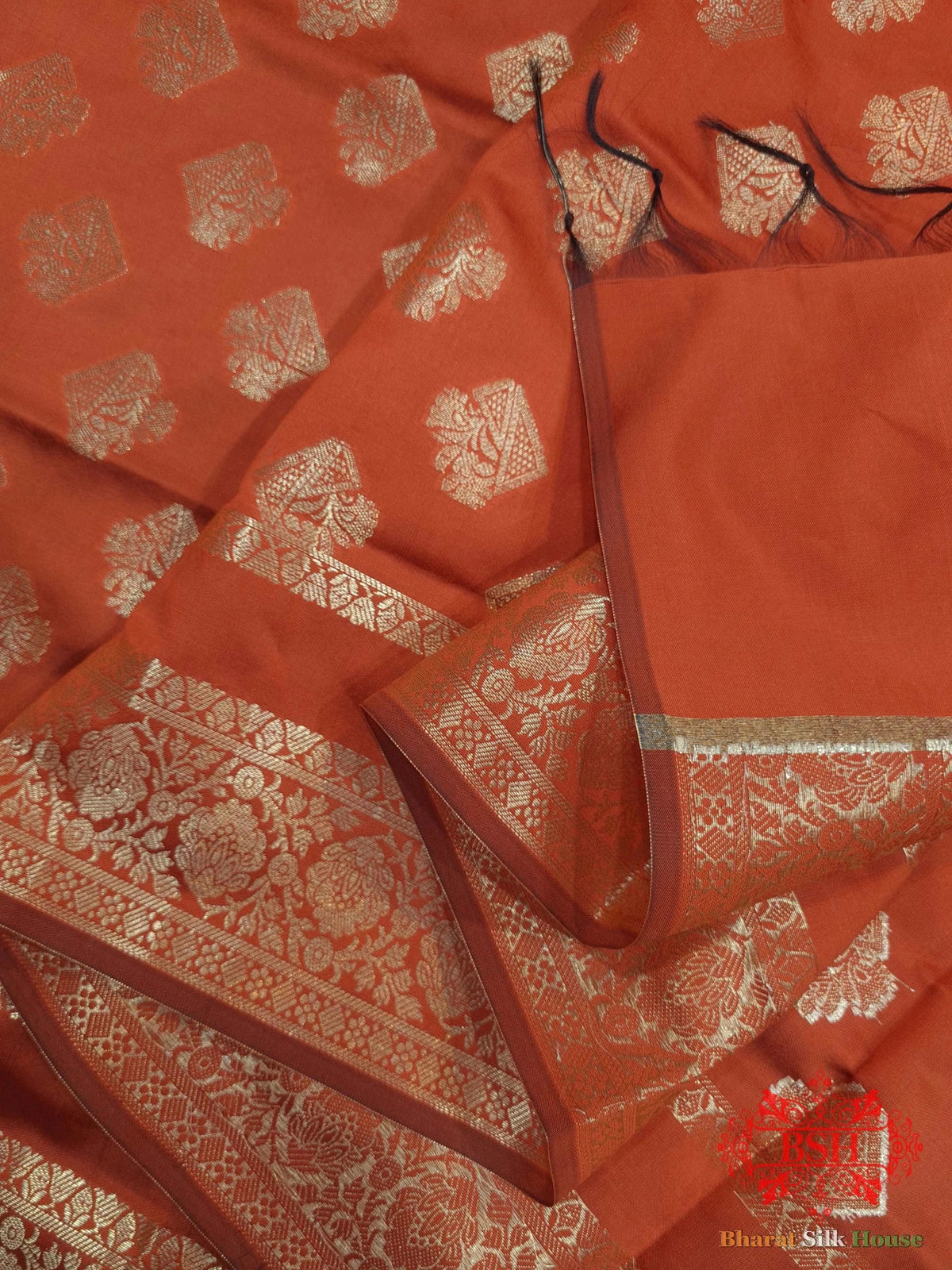 Chestnut Shades Of Red Banarasi Semi Silk Dupatta - Bharat Silk House Semi Dupatte