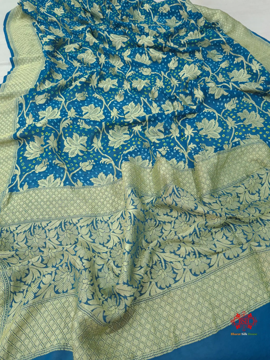 Cobalt Blue Georgette Banarasi Handloom Bandhani Dupatta - Bharat Silk House Bandhej