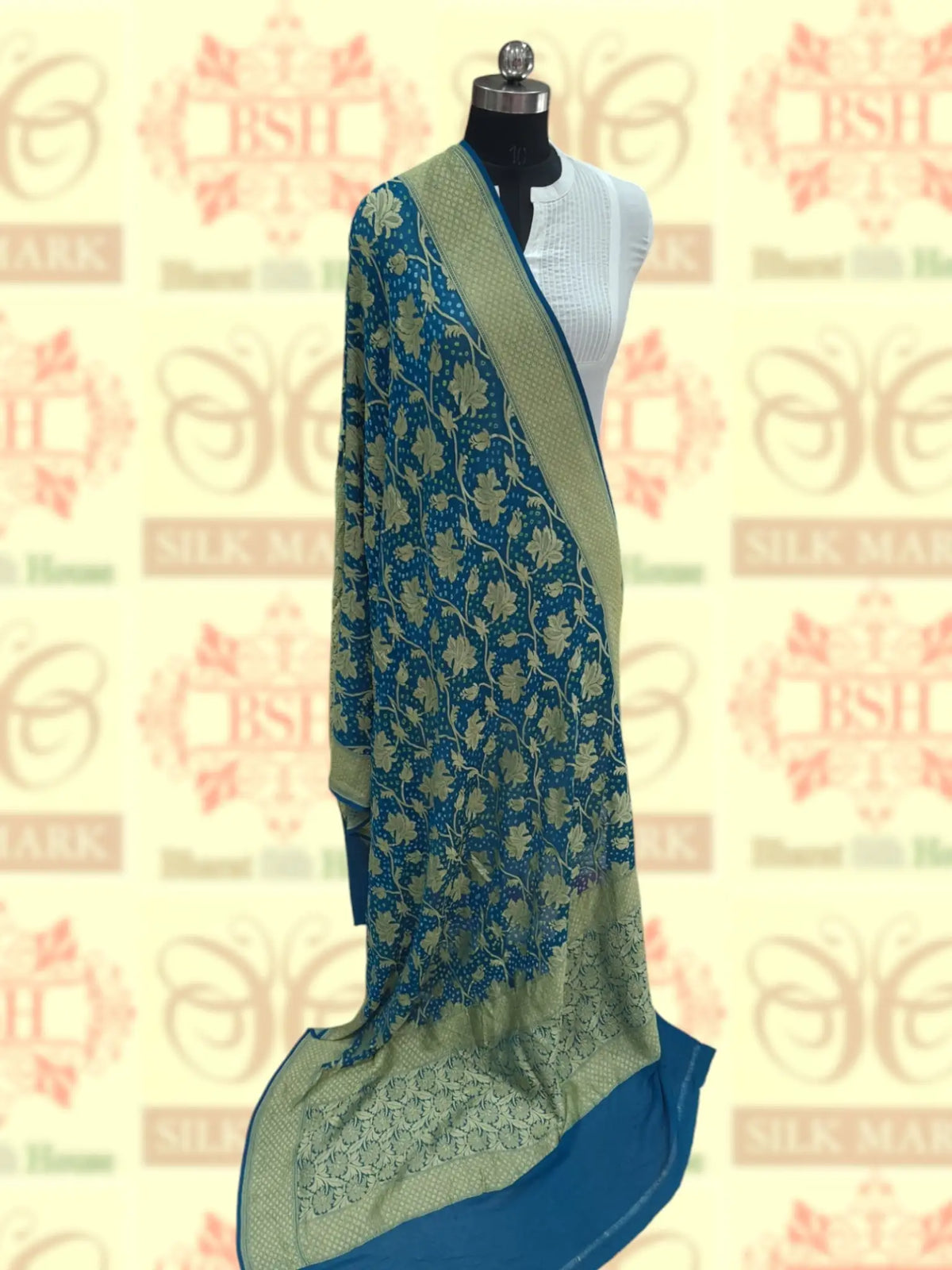 Cobalt Blue Georgette Banarasi Handloom Bandhani Dupatta - Bharat Silk House Bandhej