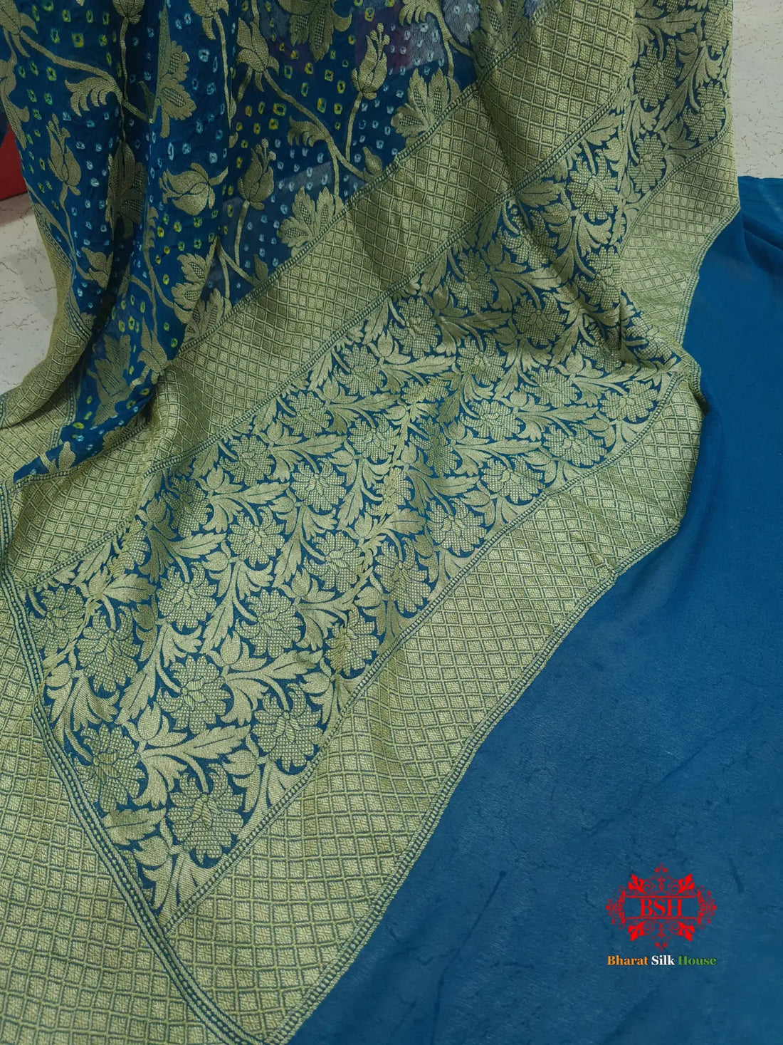 Cobalt Blue Georgette Banarasi Handloom Bandhani Dupatta - Bharat Silk House Bandhej