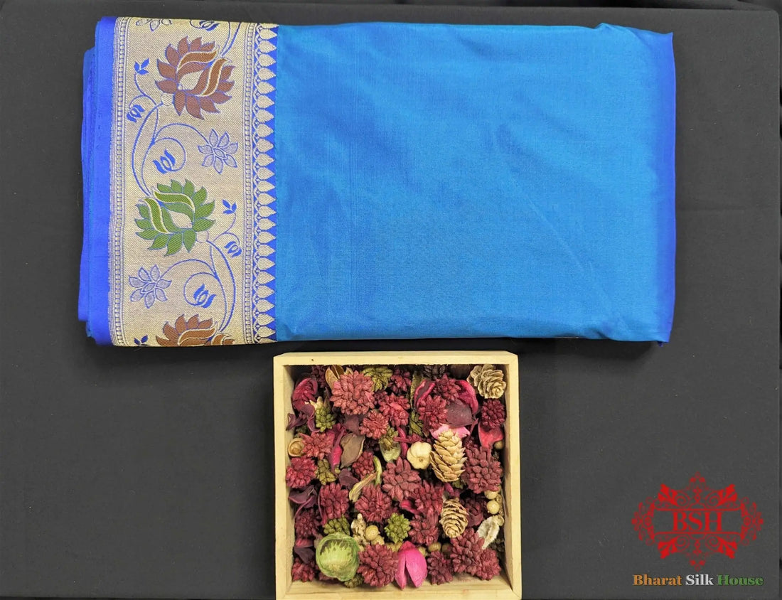 Cobalt Blue Pure Katan Silk Banarasi Saree - Bharat Silk House Pure Kataan Silk