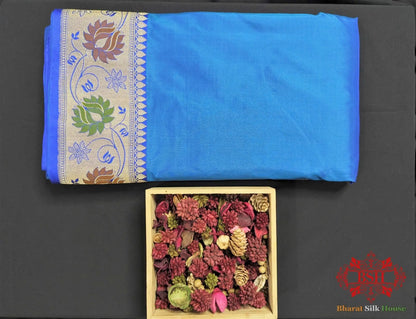 Cobalt Blue Pure Katan Silk Banarasi Saree - Bharat Silk House Pure Kataan Silk
