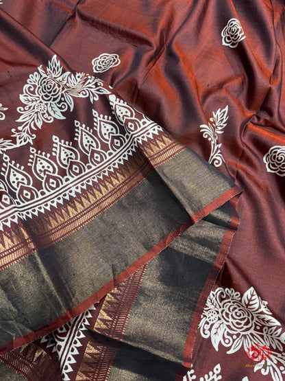 Coffee With Red Pallu Pure Katan Lightweight Digital Art Summer Wear Saree - Bharat Silk House katan silk