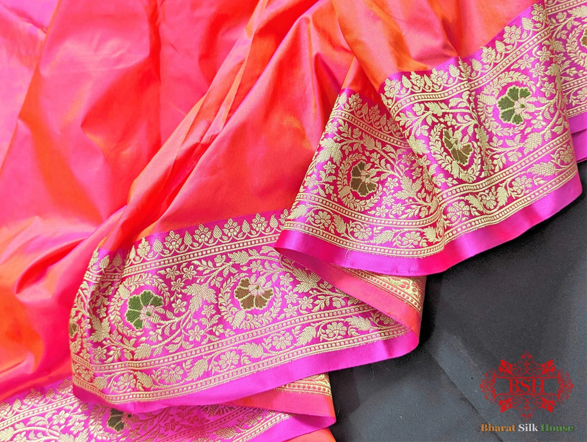 Coral Pink Katan Silk Banarasi Handloom Saree - Bharat Silk House Pure Kataan Silk