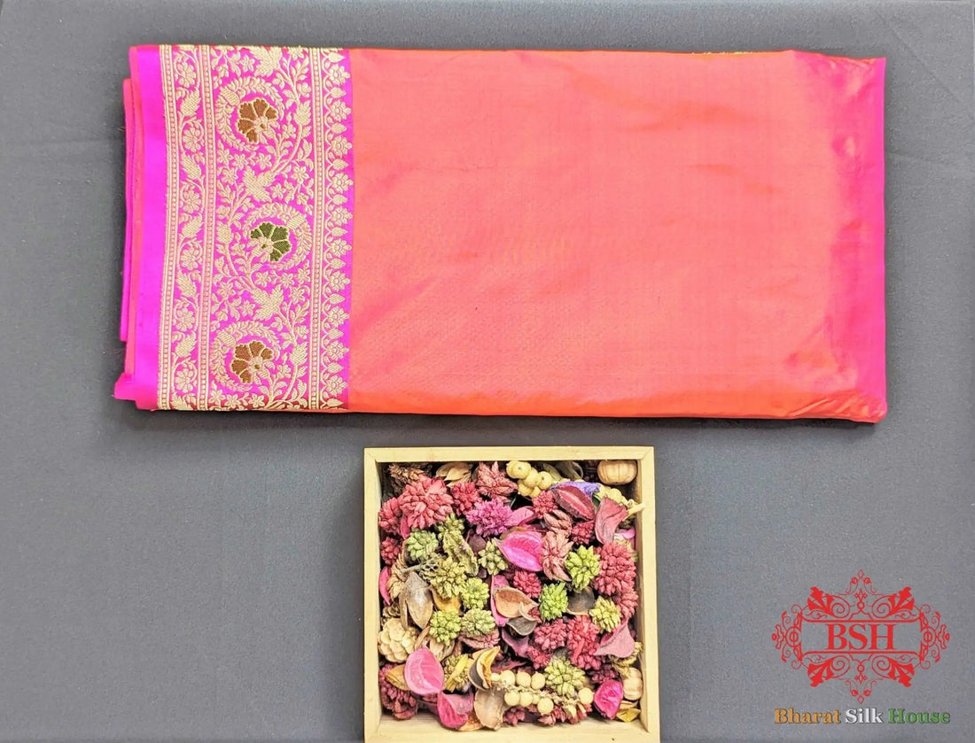 Coral Pink Katan Silk Banarasi Handloom Saree - Bharat Silk House Pure Kataan Silk