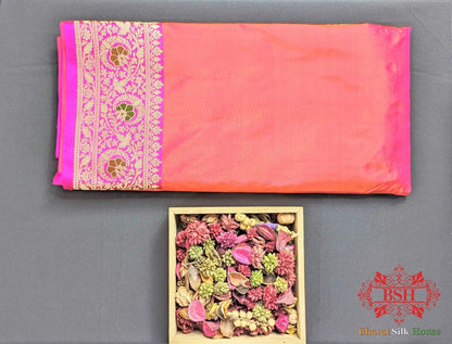 Coral Pink Katan Silk Banarasi Handloom Saree - Bharat Silk House Pure Kataan Silk