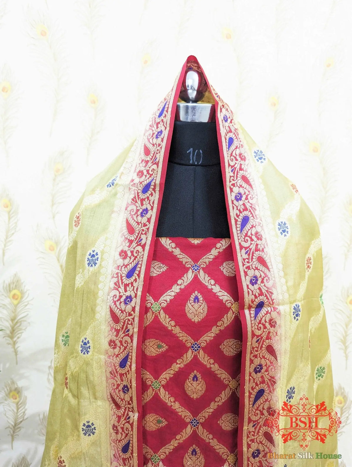 Crimson Red Banarasi Silk Unstitched Suit Set - Bharat Silk House Banarasi Cotton