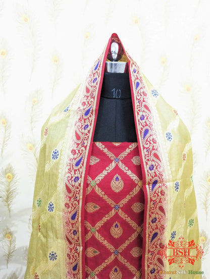 Crimson Red Banarasi Silk Unstitched Suit Set - Bharat Silk House Banarasi Cotton
