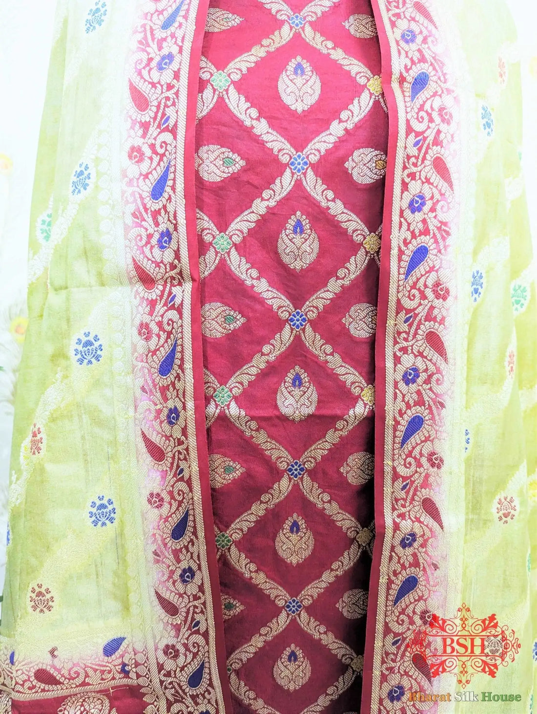 Crimson Red Banarasi Silk Unstitched Suit Set - Bharat Silk House Banarasi Cotton