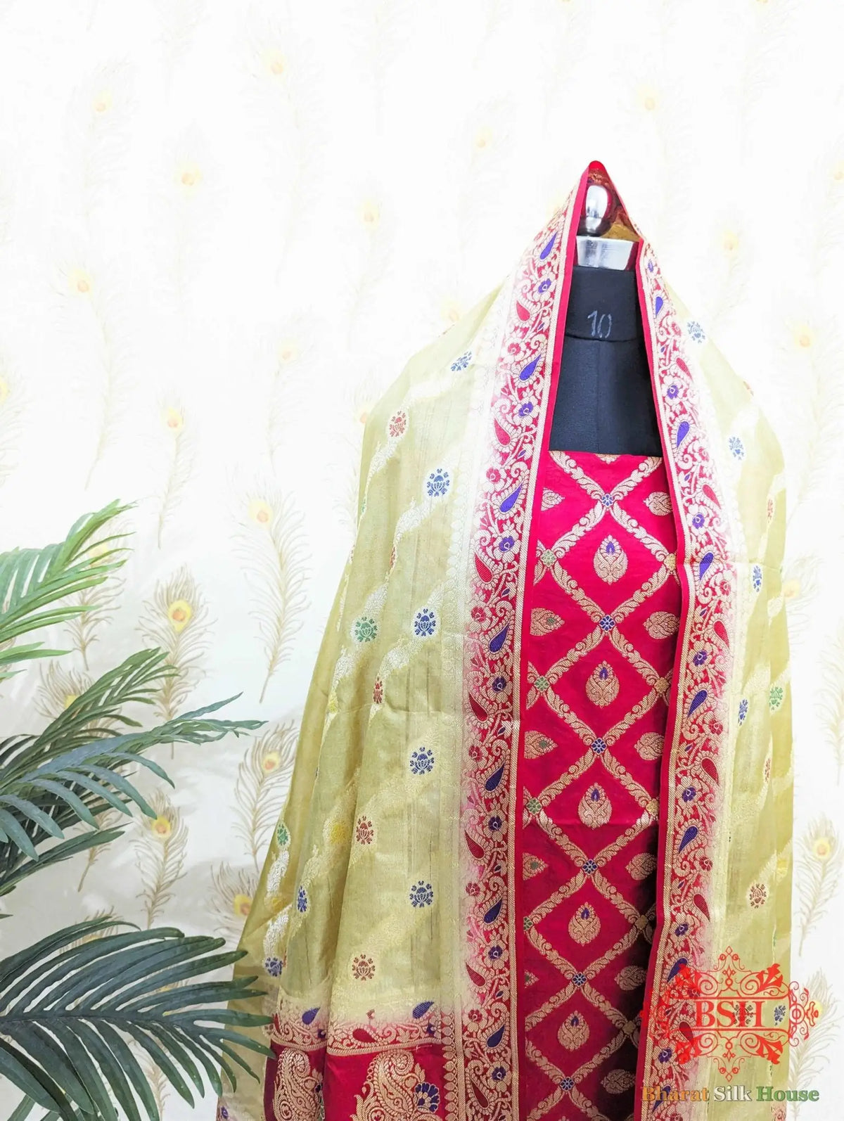 Crimson Red Banarasi Silk Unstitched Suit Set - Bharat Silk House Banarasi Cotton