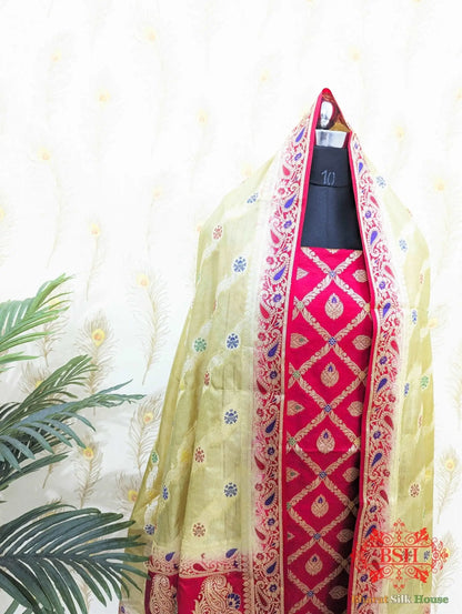 Crimson Red Banarasi Silk Unstitched Suit Set - Bharat Silk House Banarasi Cotton