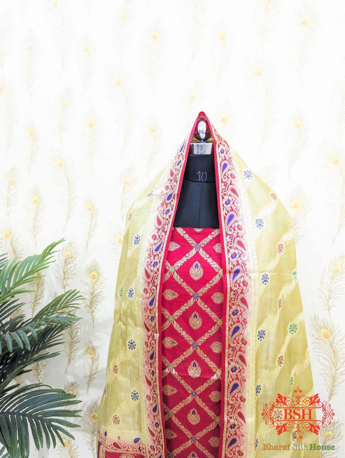 Crimson Red Banarasi Silk Unstitched Suit Set - Bharat Silk House Banarasi Cotton
