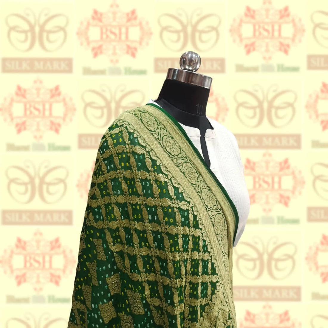 Deep Green Georgette Banarasi Handloom Bandhani Dupatta - Bharat Silk House Bandhej