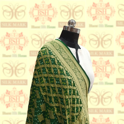 Deep Green Georgette Banarasi Handloom Bandhani Dupatta - Bharat Silk House Bandhej