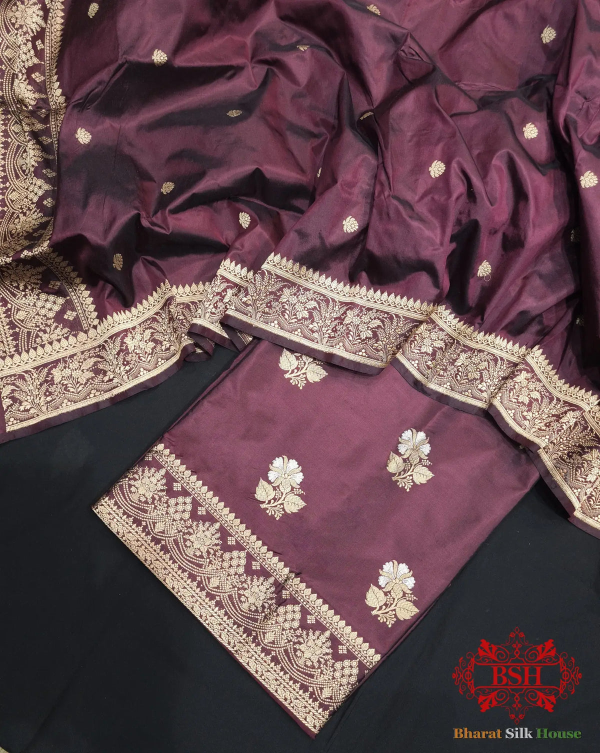 Deep Wine Handloom Banarasi Silk Suit Piece - Bharat Silk House Pure Kataan Silk