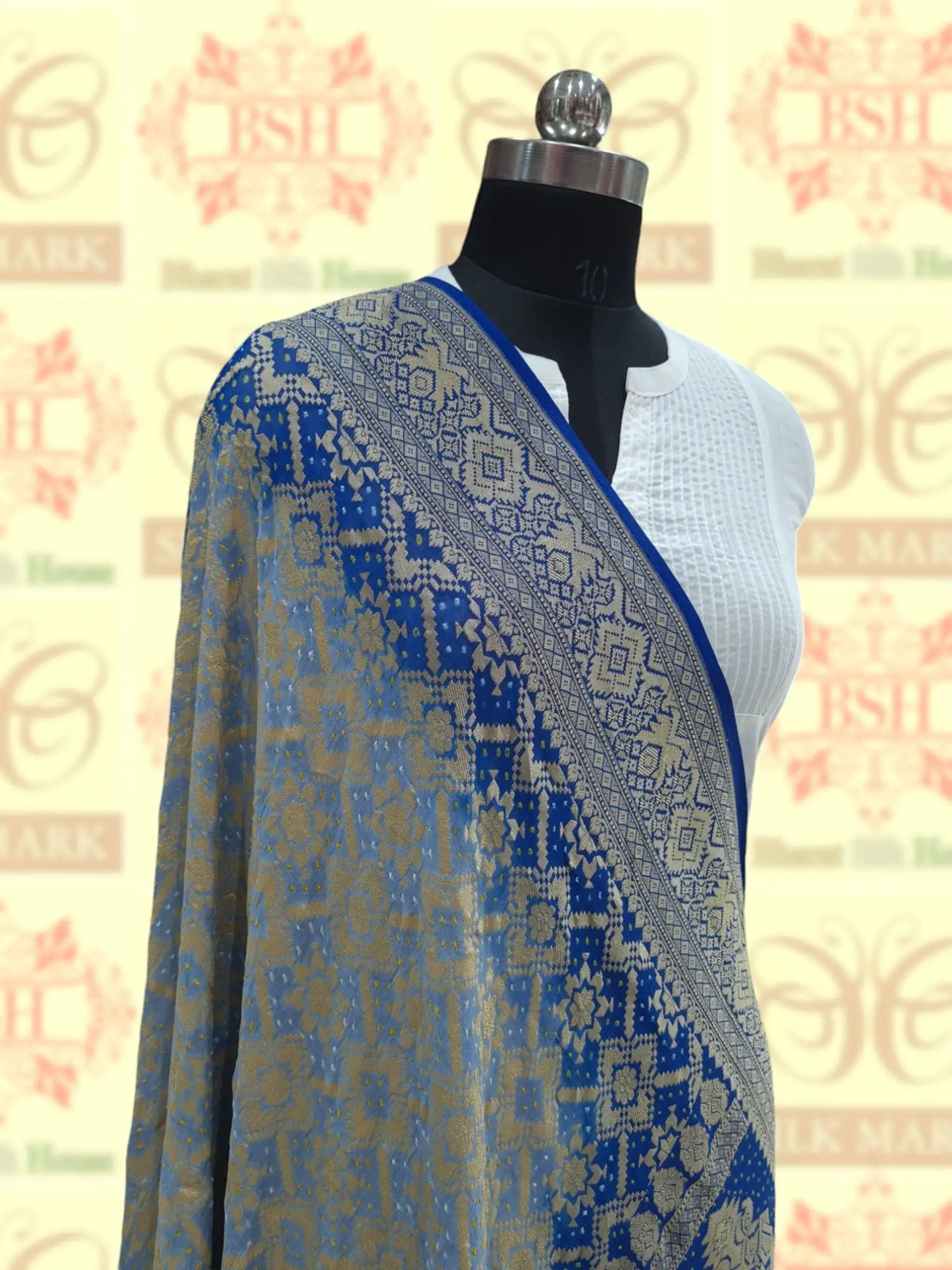 Double Shade Of Blue Georgette Banarasi Handloom Bandhani Dupatta - Bharat Silk House Bandhej