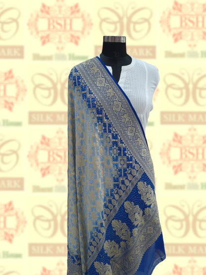 Double Shade Of Blue Georgette Banarasi Handloom Bandhani Dupatta - Bharat Silk House Bandhej