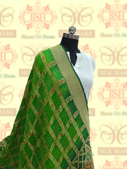 Double Shade Of Green Georgette Banarasi Handloom Menakari Bandhani Dupatta - Bharat Silk House Bandhej