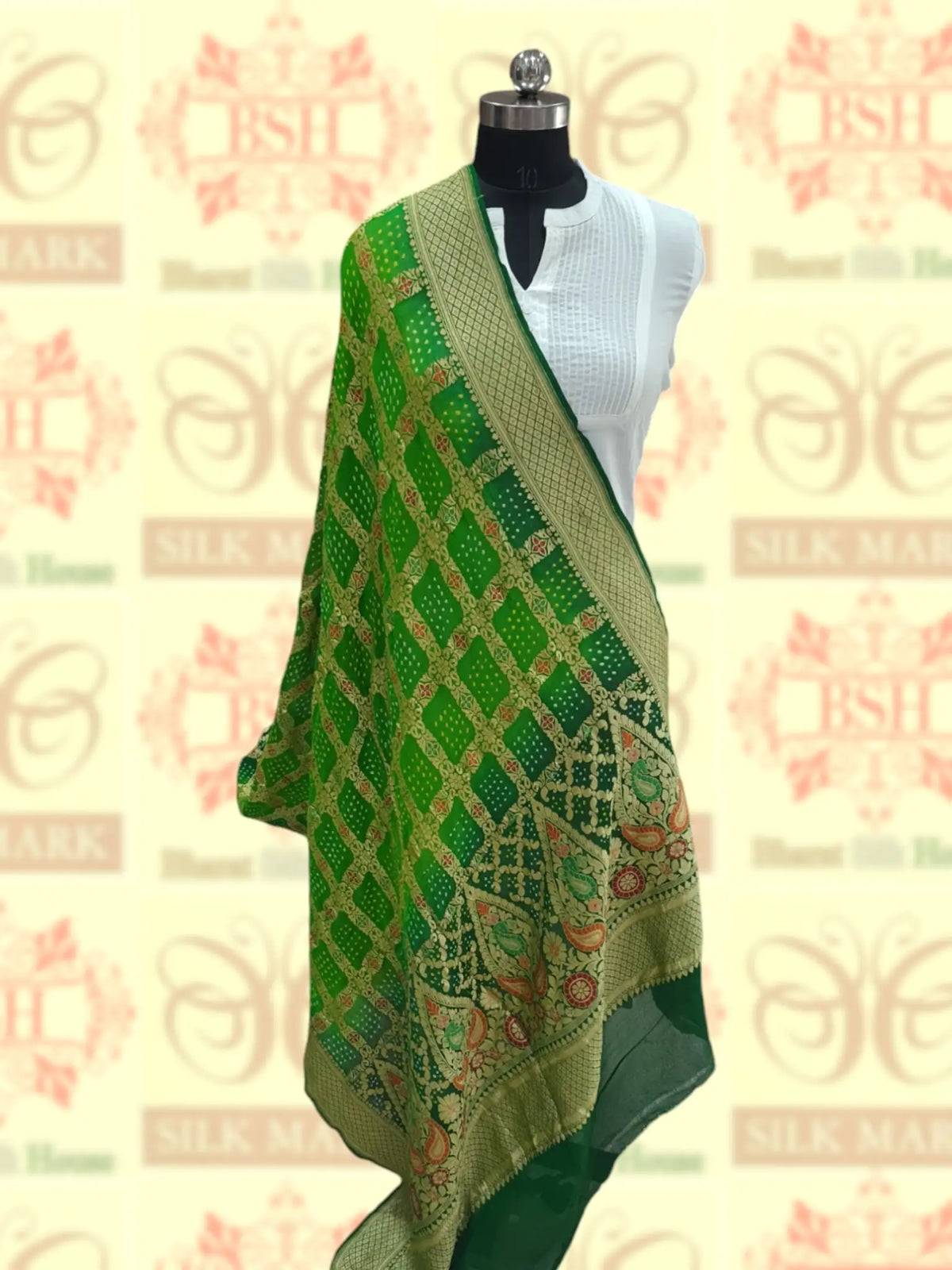 Double Shade Of Green Georgette Banarasi Handloom Menakari Bandhani Dupatta - Bharat Silk House Bandhej