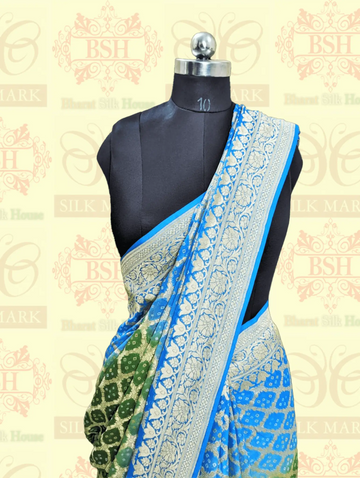 Dual Shade Pure Georgette Banarasi Bandhej Handloom Saree - Bharat Silk House Bandhej