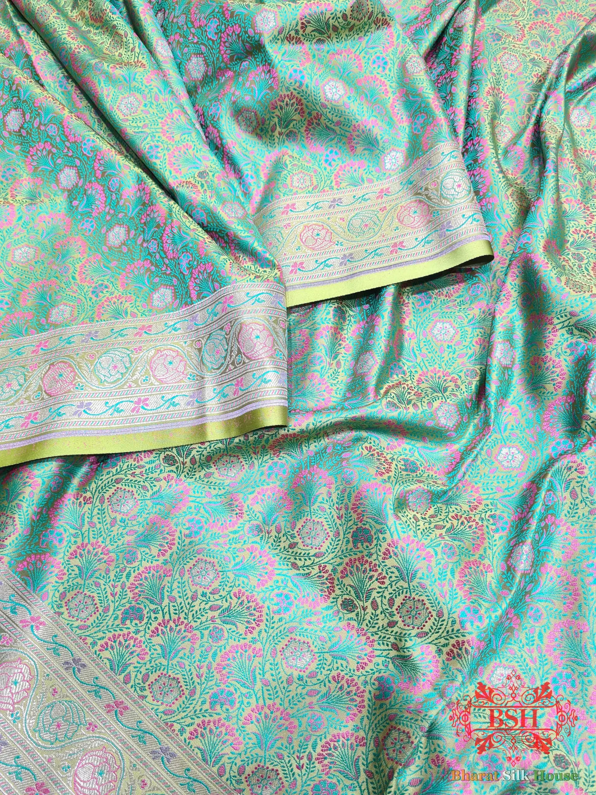 Emerald Green Dohri Resham Zari Booti Tanchoi Silk Saree - Bharat Silk House Tanchoi katan