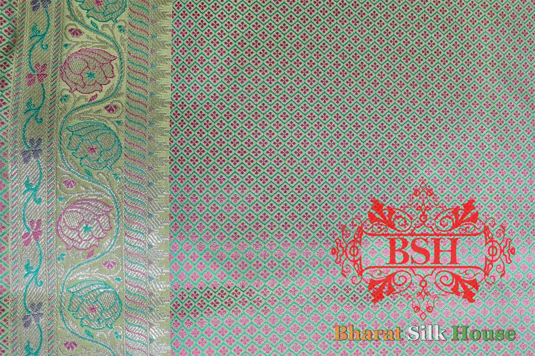 Emerald Green Dohri Resham Zari Booti Tanchoi Silk Saree - Bharat Silk House Tanchoi katan