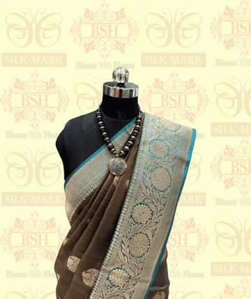Espresso Brown Pure Tussar Moonga Silk Handloom Sare With Zari Border - Bharat Silk House Tussar