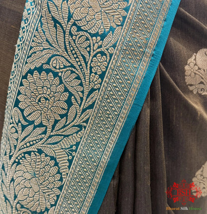 Espresso Brown Pure Tussar Moonga Silk Handloom Sare With Zari Border - Bharat Silk House Tussar