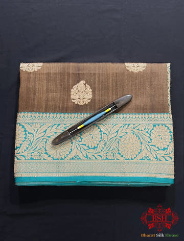 Espresso Brown Pure Tussar Moonga Silk Handloom Sare With Zari Border - Bharat Silk House Tussar