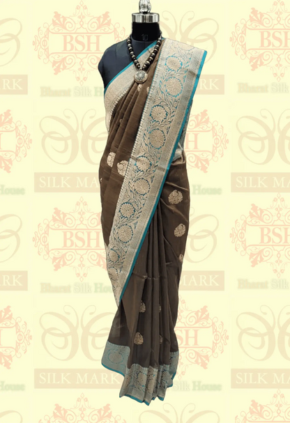 Espresso Brown Pure Tussar Moonga Silk Handloom Sare With Zari Border - Bharat Silk House Tussar