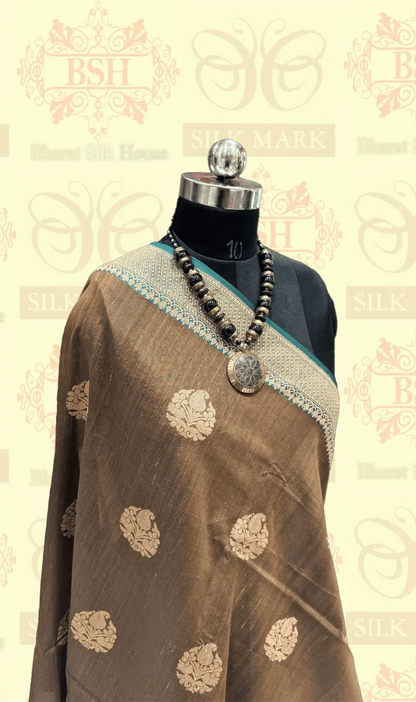 Espresso Brown Pure Tussar Moonga Silk Handloom Sare With Zari Border - Bharat Silk House Tussar