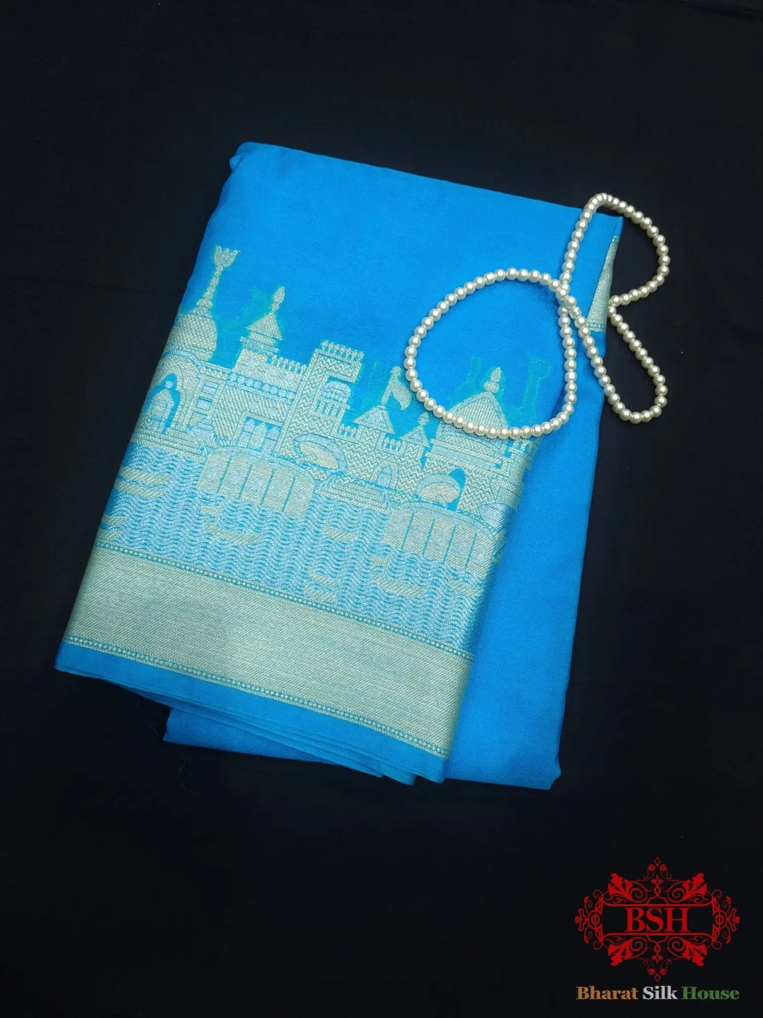 Firozi Banaras Ghats Weaved Silk Saree - Bharat Silk House Semi-Silk
