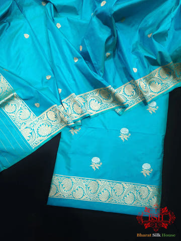 Firozi Handloom Banarasi Silk Suit Piece - Bharat Silk House Pure Kataan Silk