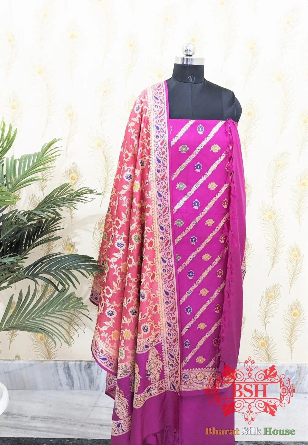 Fuchsia Dyeable Bararasi Silk Unstitched Suit Set With Meenakari Work - Bharat Silk House Banarasi Cotton