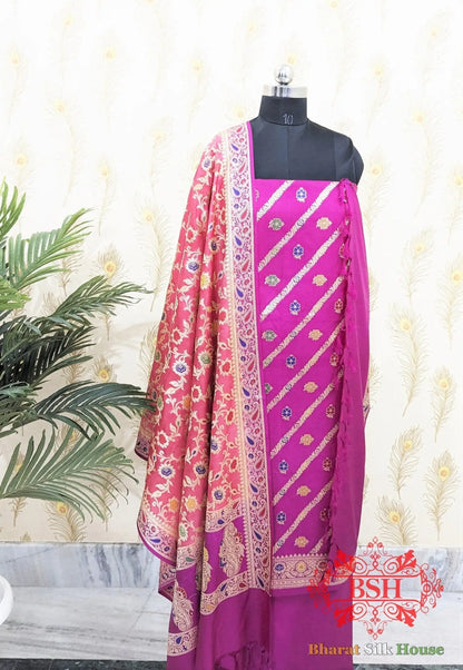 Fuchsia Dyeable Bararasi Silk Unstitched Suit Set With Meenakari Work - Bharat Silk House Banarasi Cotton