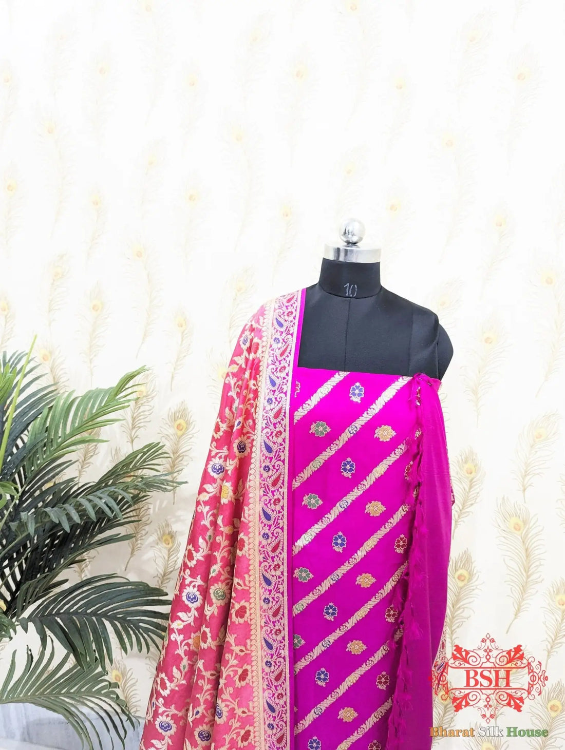 Fuchsia Dyeable Bararasi Silk Unstitched Suit Set With Meenakari Work - Bharat Silk House Banarasi Cotton