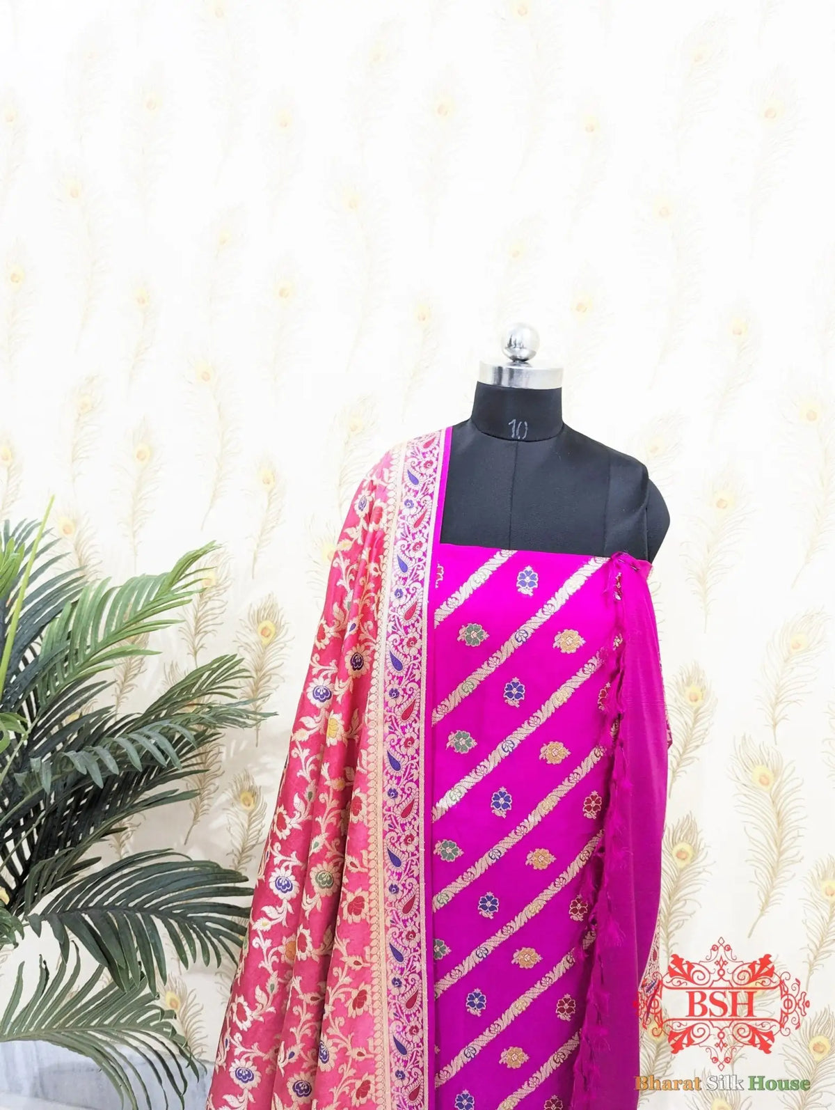 Fuchsia Dyeable Bararasi Silk Unstitched Suit Set With Meenakari Work - Bharat Silk House Banarasi Cotton