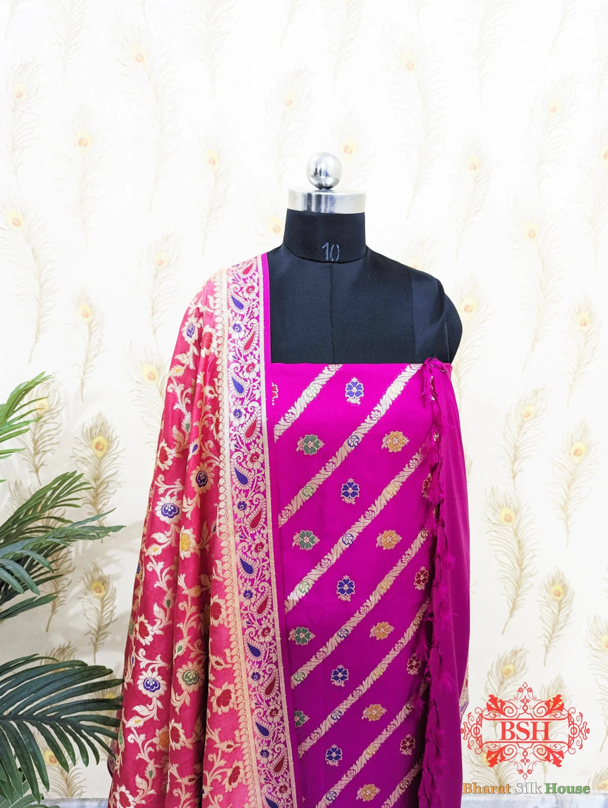 Fuchsia Dyeable Bararasi Silk Unstitched Suit Set With Meenakari Work - Bharat Silk House Banarasi Cotton