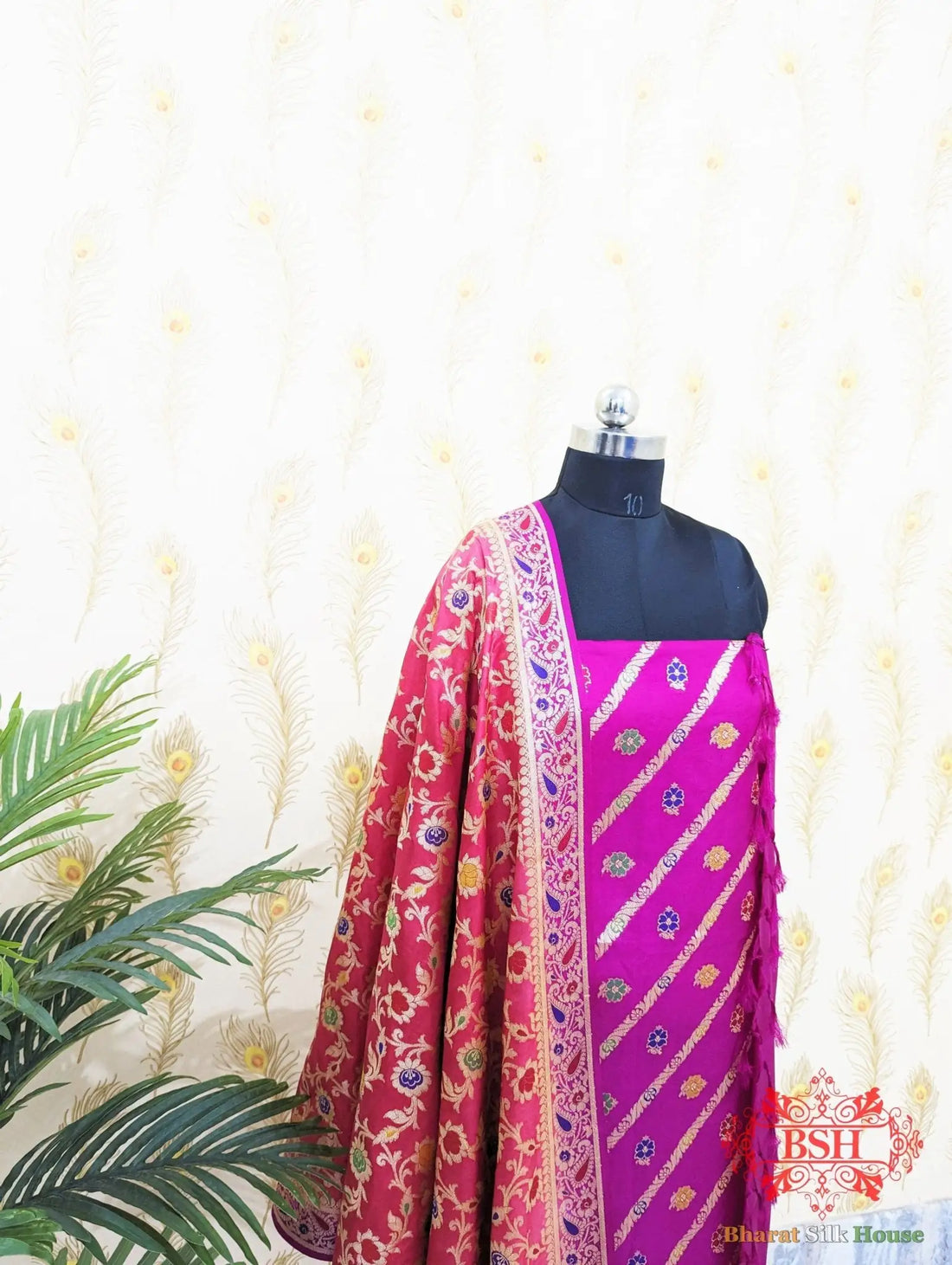 Fuchsia Dyeable Bararasi Silk Unstitched Suit Set With Meenakari Work - Bharat Silk House Banarasi Cotton