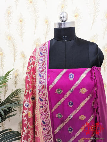 Fuchsia Dyeable Bararasi Silk Unstitched Suit Set With Meenakari Work - Bharat Silk House Banarasi Cotton